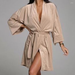 Women's Sleepwear Autumn Velour Loungewear Velvet Kimono Robe Gown With Belt Mini Bathrobes Sexy V-Neck Short Intimate Lingerie