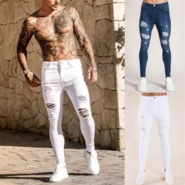Mens Solid Color Jeans 2019 New Fashion Slim Pencil Pants Sexy Casual Hole Ripped Design Streetwear Cool Designer White blue#G2307B
