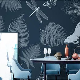 Wallpapers Custom Po Mural Retro Style Leaves Butterfly Painted Navy Blue 3D Relief Wallpaper Living Room Sofa Background Wall Decor