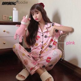 Women's Sleep Lounge Turn Down Collar Homesuit Homeclothes Sleepwear Woman Clothes Pajamas Set Short Sleeve Long Pants Printing Summer Pj Set L230920