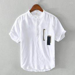 Men's T Shirts Brand Linen Shirt Men Summer Solid Short Sleeve Stand Neck Tops& Tee Breathable Cotton Soft Size M-XXXL