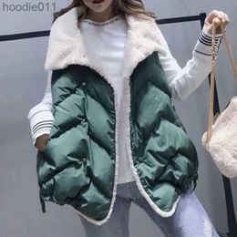 Women's Down Parkas Cotton Padded Fur Lined Vest Single Breasted Turn Collar Thicken Warm Vest Coat Winter Autumn Plus Size Jacket Outerwear L230920