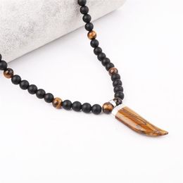High Quality 24 Inches Design Natural Stone Black Matte Onyx Tiger Eye Beads OX Horn Pendant Necklace For Men Necklaces302D