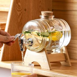 Bar Tools 1L Glass Whiskey Barrel Wine Barrel Chopp Growler Beer Bottle Fruit Wine Ageing Alcohol Honey Storage Container With Base Faucet 230920