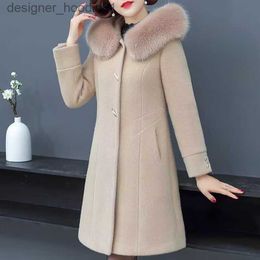 Women's Wool Blends 2023 New Middle-Aged Women Fashion Large Size Woollen Coat Winter Thicken Warm Hooded Mid-Length Faux Mink Outwear Mom Outfit L230920