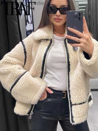 Women's Fur Faux Fur TRAF Oversize Women Biker Jacket 2023 Winter Warm Long Sleeve Patchwork Zipper Loose Faux Fur Coat Female Top Outwear L230920