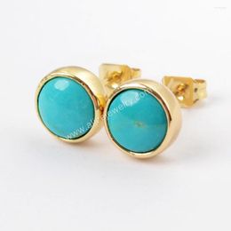 Stud Earrings 5Pairs 9mm Round Turquoise Blue Natural Stone Exquisite Gold Plated Bezel Ear Cartilage Earring For Women Fashion