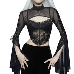 Women's T Shirts Black Mesh T-shirt Gothic Street Lace-up Punk Ring Flared Sleeves Eyelet Pullover Outer Harajuku Vintage Women Top