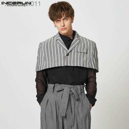 Women's Cape 2023 Men Irregular Blazer Striped Streetwear Lapel Short Sleeve One Button Casual Suits Men Fashion Short Cloak S-5XL L230920