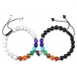 Charm Bracelets 2Pcs/set Couple Bracelet For Women Men Magnetic Heart Shape 7 Chakra Healing Yoga Reiki Prayer Bead Stones Bangle Party