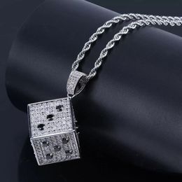 Hip Hop Brass Gold Silver Colour Iced Out Micro Pave CZ Square Dice Pendant Necklace Charms For Men352M