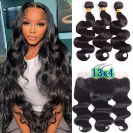 Synthetic Wigs 38 40 Inch Body Wave Bundles with Frontal Brazilian Human Hair 3 4 13x4 Lace 100 Unprocessed Weave 230920