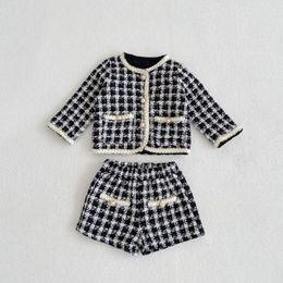 Clothing Sets Girl Set 2023 Spring Baby Tweed Plaid Girl's Two Piece Suit Jacket Short Pants Sweet