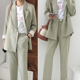 Women's Two Piece Pants 2Pcs Vintage Women Pant Suit Light Green Notched Blazer Jacket & Office Lady Set Double-breasted Long