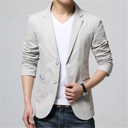 Men's Jackets 2023 Fashion Men's Suit Jacket Grey Brown Slim Fit Linen Blend Pocket Solid Long Sleeve Suits Blazer Wedding Outwear