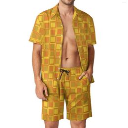 Men's Tracksuits Retro Square Beachwear Men Sets Orange 70S Print Casual Shirt Set Summer Shorts Two-piece Funny Suit Plus Size
