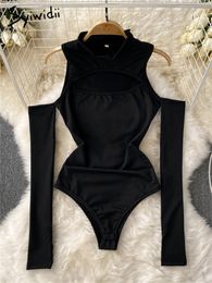 Women's Jumpsuits Rompers Syiwidii Bodysuits for Women Spring Summer Turtlenecks Hollow Out Off Shoulder Slim Casual French Style Black Bodysuits 230920