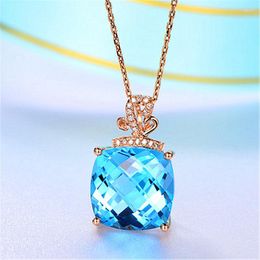 Pendant Necklaces Luxury Square Sea Blue Gems Crystal Princess Cut Zircon Wedding Necklace Bridal Rose Gold Plated Long Chain Jewellery