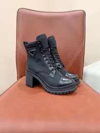 2023 Designer Boots Genuine Leather 100% High Heels Luxury Triangle Logo Black and White Lace up Womens Martin Boots Size 35-41