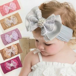 Ribbon Large Bowknot Diamond Nylon Turban Headband Newborn Headwear Baby Girl Ribbon Bow Lace Headbands Child PhotoProp Headwear