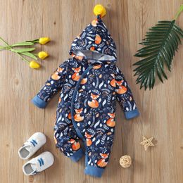 Rompers Infant Boys Girls Cute Hooded Romper With Pompom Winter Warm Long Sleeve Cartoon Prints born Jumpsuit OnePiece Outfit 230919