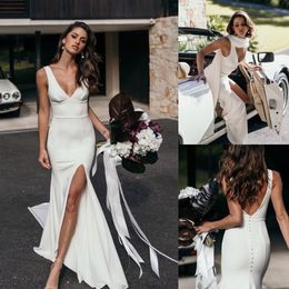 Charming Backless Mermaid Wedding Dresses Side Split Bridal Gown V Neck Sweep Train Empire Waist Robe de Mariee