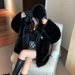 Women's Fur Sweet Girl Casual Faux Hooded Coat Winter Warm Cross Flower Loose Zippered Jacket Fashion Female Clothes