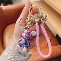 Keychains Cute Electroplated Bear Key Chain With Woven Leather Rope Pendant Animal Keychain Fashion Doll Bag Auto Ring For Girls Gift