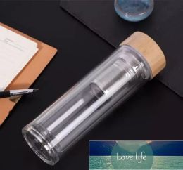 Classic 450ml Bamboo Lid Water Cups Double Walled Glass Tea Tumbler With Strainer And Infuser Basket Glass Water Bottles