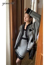 Two Piece Dress Sweet Girl Suit Womens AutumnWinter Knitted Strap Short Longsleeved Loose Cardigan Twopiece Set Fashion Female Clothes 230920