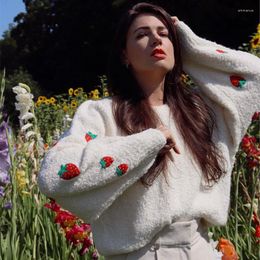 Women's Sweaters Autumn And Winter Retro Ins Girl Strawberry Embroidery Round Neck Loose Lazy Knit Fashion Sweater Top White