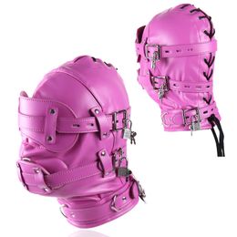 Costume Accessories Faux Leather Pink PU Sexy Hood Masks Costumes Adult Cosplay Party Face Mask Adjustable Blindfold Hood With Lock Punk Role Play