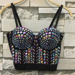 Women's Tanks High Quality Retro Rhinestone Tops Glitter Corset With Crystals 2023 Women Black Bustier Sexy Sleeveless Crop Top For Party