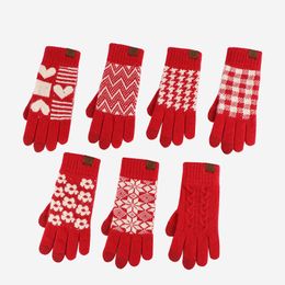 Five Fingers Gloves Year Red Knitted with Touch Screen Winter Hand Warmer Elastic Print Woolen Glove Women Outdoor Cycling Velvet Mittens 230919