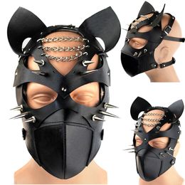 Costume Accessories PU Lether Sexy Men Masks Cosplay Party Head Cover Punk Style Rivet Chain Metal Full Face Masks Animal Role Play Black Headwear