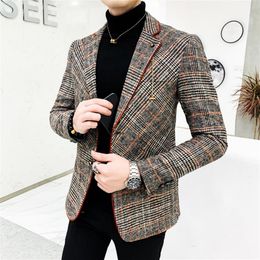 British Style Plaid Blazer for Men Suit Jacket Casual Woolen Wedding Dress Coat Single Business Male Button Veste Costume Homme 222792