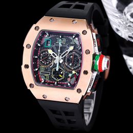 RM65-01 Rose Gold Chronograph Mens Watch VK Quartz Black Skeletonized Dial Swiss Tonneau Wristwatch Sapphire Crystal Waterproof Oversize Sports Watches 6 Colors
