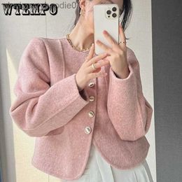 Women's Wool Blends Pink Vintage Woolen Jackets Women Short Coat Elegant Luxury Designer Outwear Single Breasted Fashion Chic Korean Autumn Winter L230920