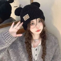 Autumn and winter cute bear plush ear protection knitted hat female Korean version all match warm hairball wool hat trend