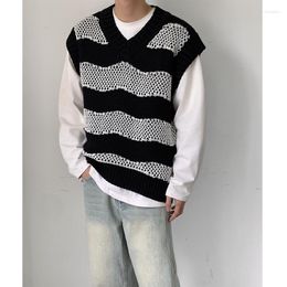 Men's Vests Autumn Daily V Neck Sea Wave Striped Sweater Vest Men Sleeveless Sweaters Loose Preppy College Male All-match Knitwear Clothing