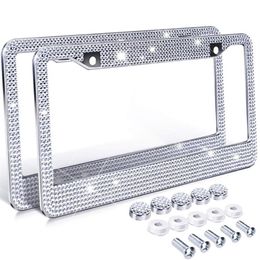 Bling Crystal License Plate Frame Women Luxury Handcrafted Rhinestone Car Frame Plate with Ignition Button Fits USA and Canad296Z