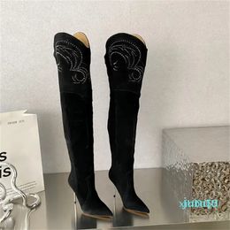 Embroidered drill over knee boots with fine heels Toe stiletto heel luxury designers shoe