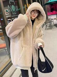 Women's Fur 2023Winter Korean Imitation Jacket Women Thicken Warm Loose Plush Coat Hooded Zipper Furry Soft Lambwool Overcoat