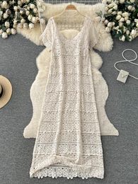 Casual Dresses SINGREINY Loose Knit Long Dress Women V Neck Solid Hollow Out Design Retro Fashion 2023 Ladies Y2K Summer Beach