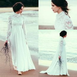 High Neck Beach Wedding Dresses With Long Sleeve Lace Chiffon Empire Waist Country Bohemian Pregnant Bridal Wedding Gown CG01264n