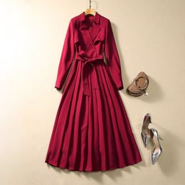 2023 Autumn Red Solid Colour Panelled Dress Long Sleeve V-Neck Waist Belted Midi Casual Dresses A3S150822-03