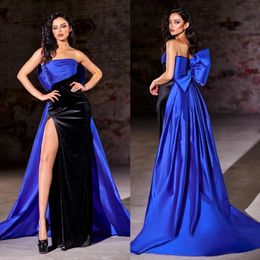 Evening Dresses Black Royal Blue Prom Party Gown Strapless Sleeveless Satin Zipper Lace Up Plus Size New Custom A Line Thigh-High Slits