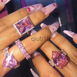 Band Rings New Big Pear Shape Accent Stone Rings Rose Gold Pricess Cut full CZ Band Wedding Engagment Tear Drop Pink Pinky Ring For Women 2021 x0920