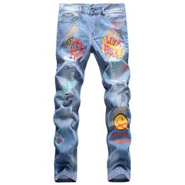 Unique Mens Distressed Printed Slim Fit Jeans Fashion Ripped Graffiti Blue Biker Denim Pants Big Size Motocycle Hip Hop Trousers 1209A