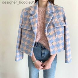 Women's Wool Blends Women's Blue Pink Plaid Suit Collar Woollen Jacket Spring Autumn New Chic Commuting Style Female Long Sleeved Thin Cardigan Coat L230920